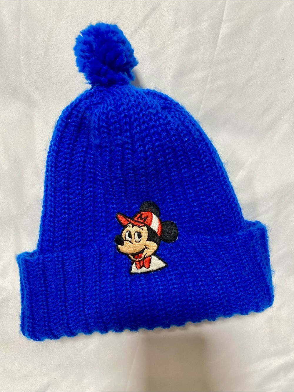 Vintage Disney Royal Blue Pom-Pom Beanie with Cartoon Mouse Patch